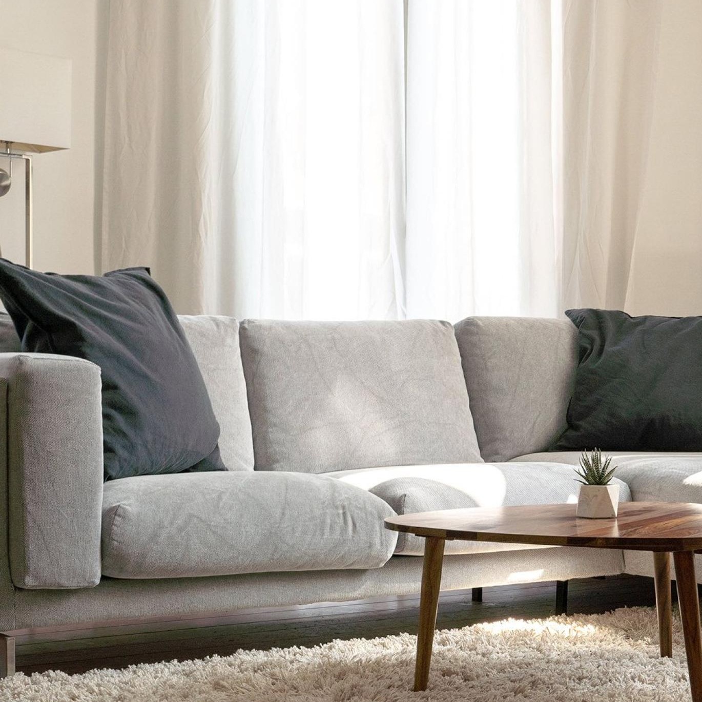 oversized windows brighten spacious, furnished living room